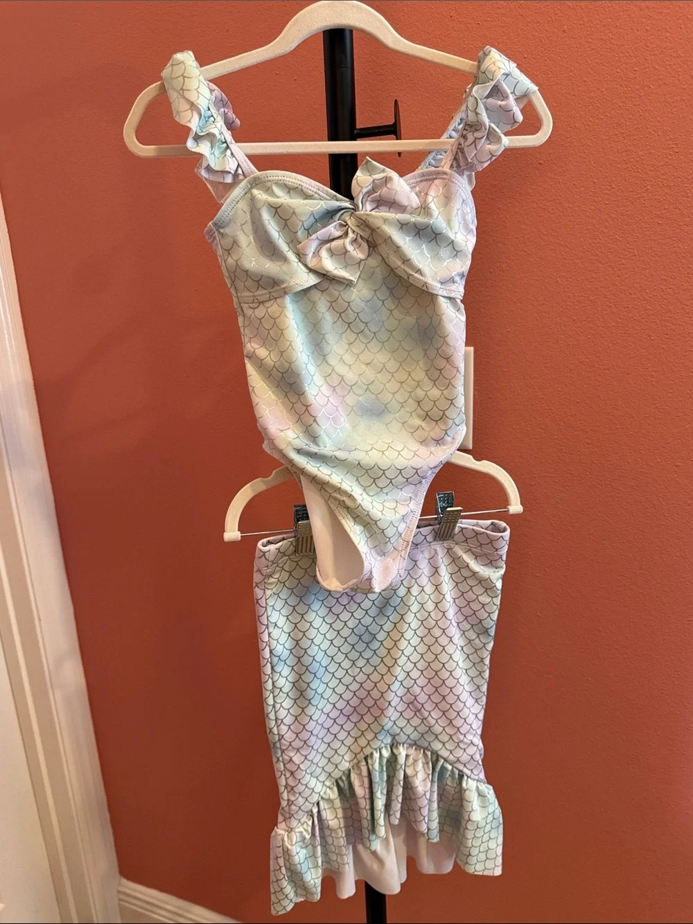 Janie and Jack Pastel Mermaid Scale One-Piece Swimsuit with tail cover up bottom